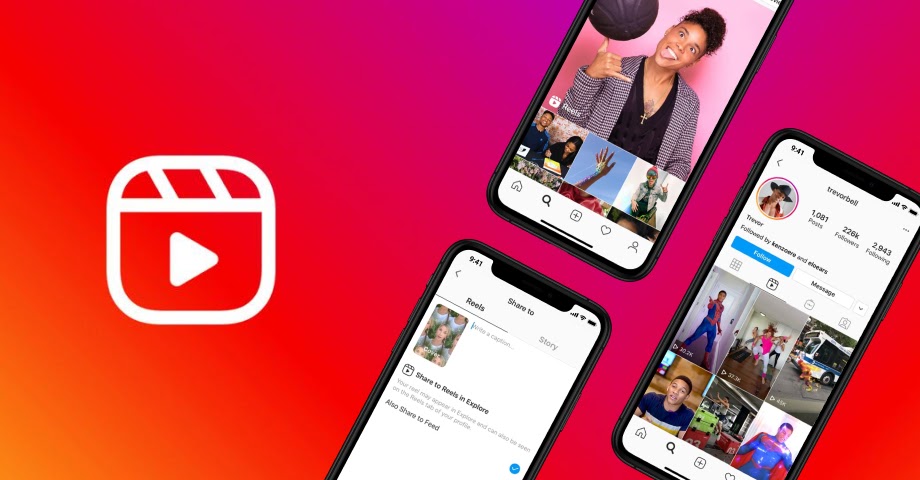  The image shows a carousel of three phones with Instagram open on each, displaying various creative Reels videos.